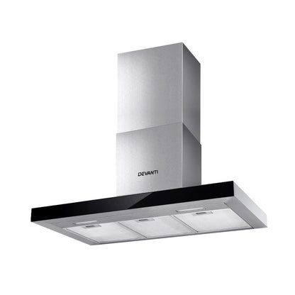 Devanti Range Hood 900mm Rangehood 90cm Stainless Steel Glass Kitchen Canopy Black