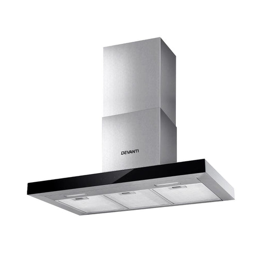 Devanti Range Hood 900mm Rangehood 90cm Stainless Steel Glass Kitchen Canopy Black