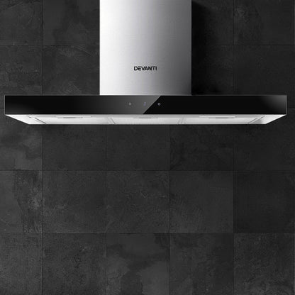 Devanti Range Hood 900mm Rangehood 90cm Stainless Steel Glass Kitchen Canopy Black