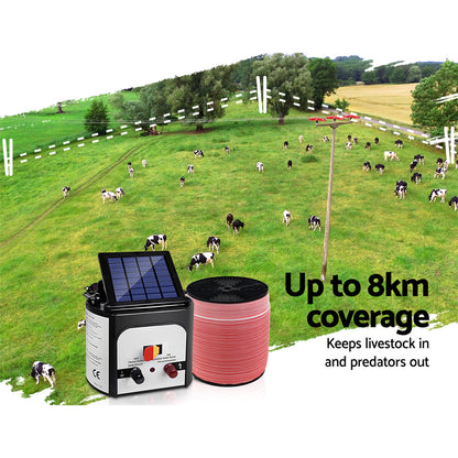 Giantz Electric Fence Energiser 8km Set Solar Powered Energizer + 2000m Tape