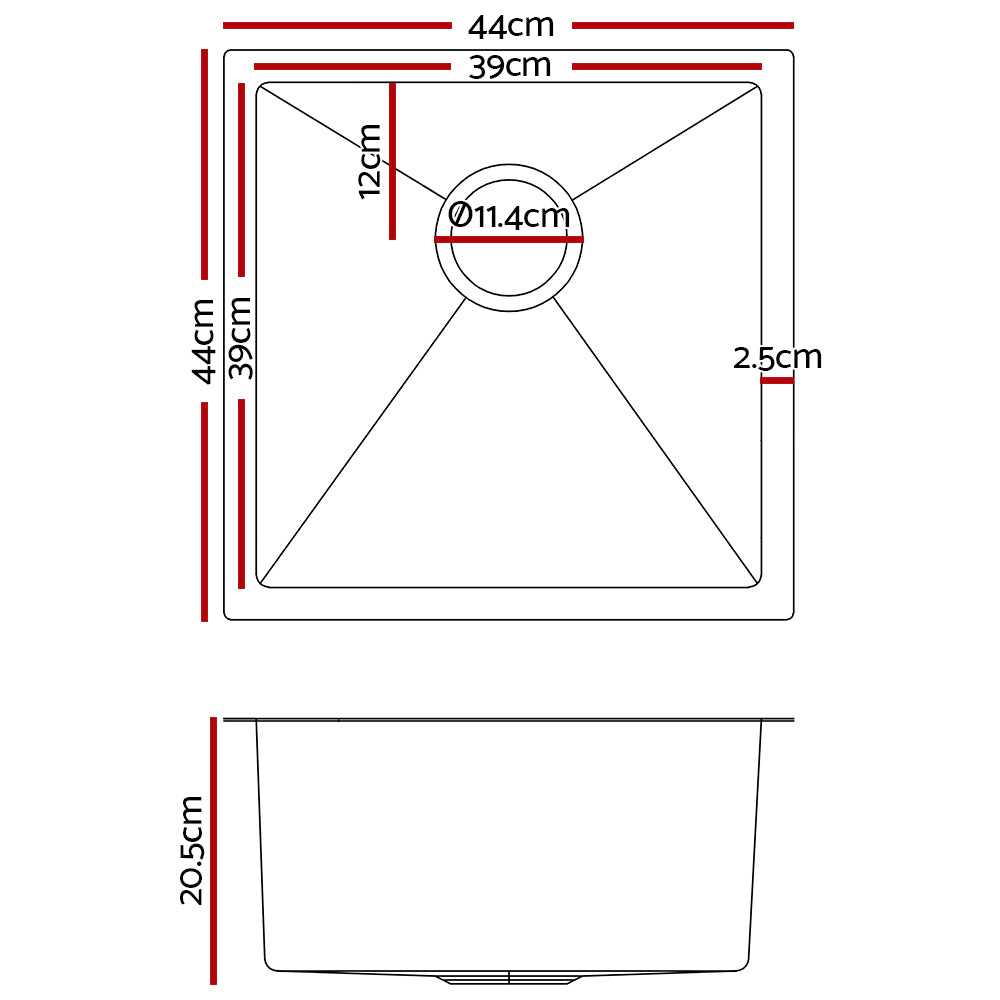 Cefito 44cm x 44cm Stainless Steel Kitchen Sink Under/Top/Flush Mount Black