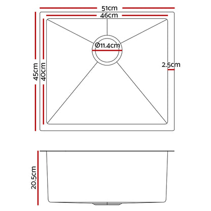 Cefito 51cm x 45cm Stainless Steel Kitchen Sink Under/Top/Flush Mount Black