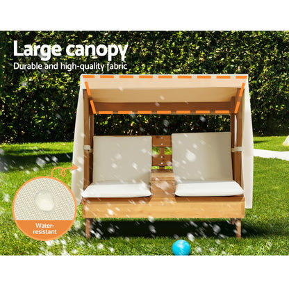 Keezi Kids Outdoor Double Wooden Lounge Chair with Canopy Chaise Cup Holders