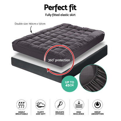 Giselle Double Mattress Topper Pillowtop 1000GSM Charcoal Microfibre Bamboo Fibre Filling Protector