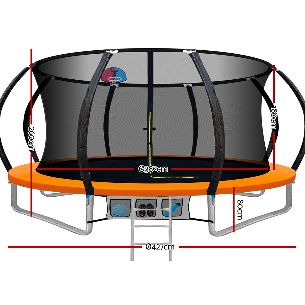 Everfit 14FT Trampoline Round Trampolines With Basketball Hoop Kids Present Gift Enclosure Safety Net Pad Outdoor Orange