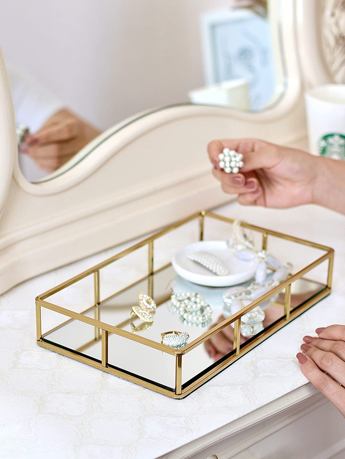 Tray Gold Mirror Decorative for Storage Jewelry and Makeup accessories