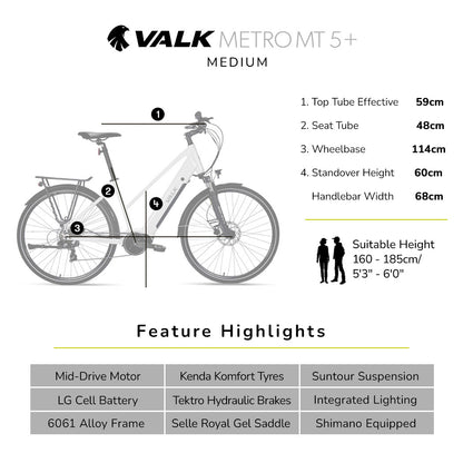 2023 VALK Metro MT 5 + Electric Hybrid Bike, Mid-Drive, Mixte Frame, Medium, White