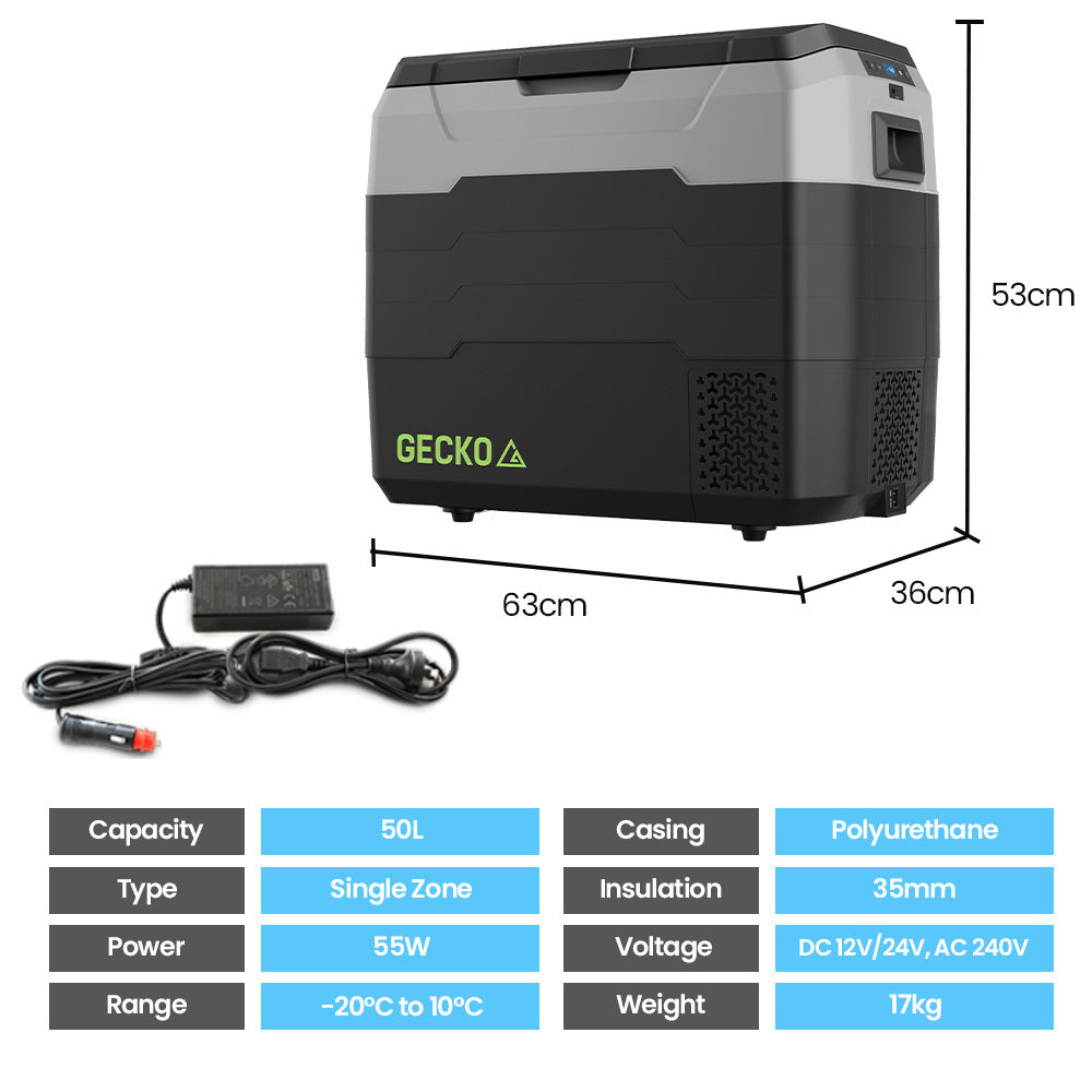 Gecko 50L Portable Fridge Freezer 12V/24V/240V for Camping, Car, Caravan, Boats