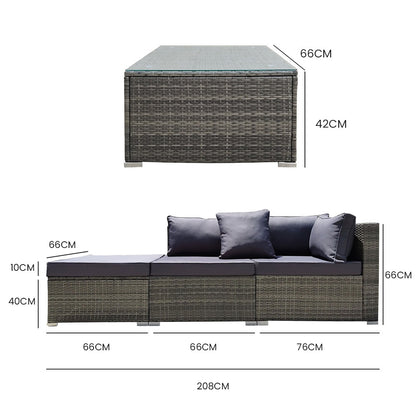 LONDON RATTAN 4 Piece 3 Seater Modular Outdoor Lounge Setting incl. Coffee Table, Ottoman, Grey