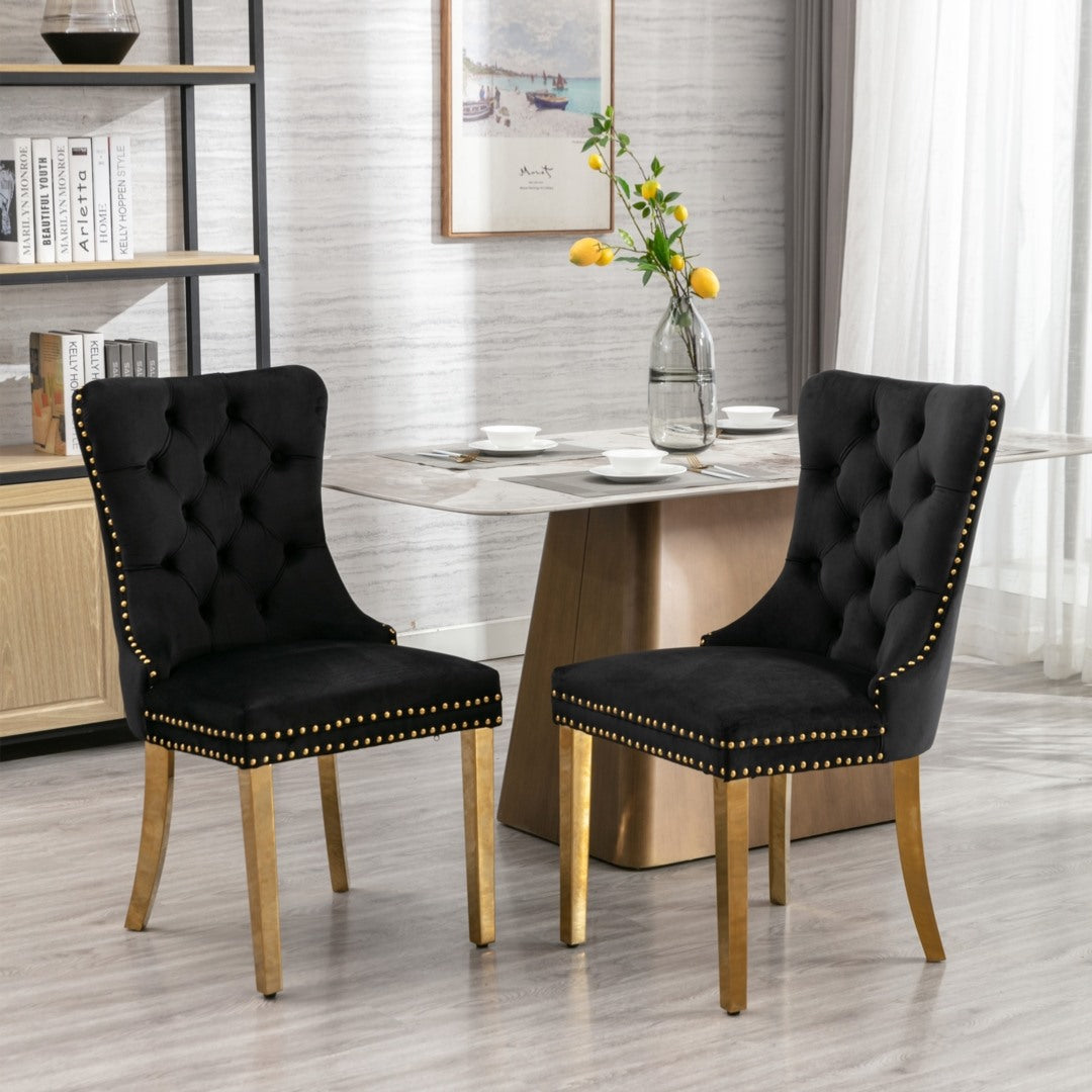 AADEN 2x Velvet Dining Chairs with Golden Metal Legs-Black