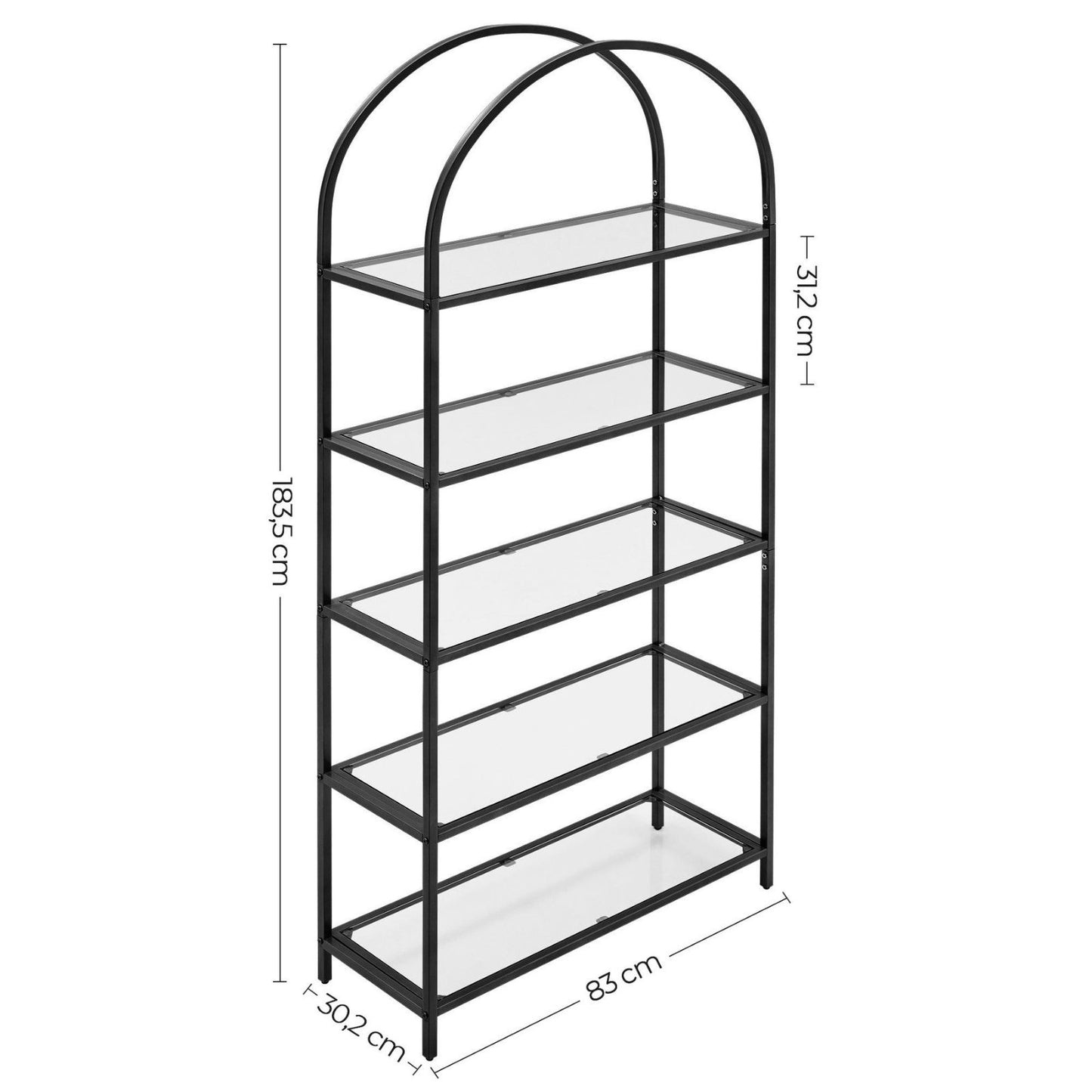 VASAGLE Bookshelf 5 Tier Tempered Glass with Metal Frame Black