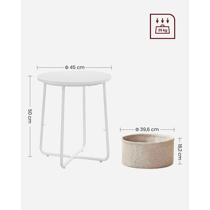 VASAGLE Small Round Side End Table with Fabric Basket White and Beige