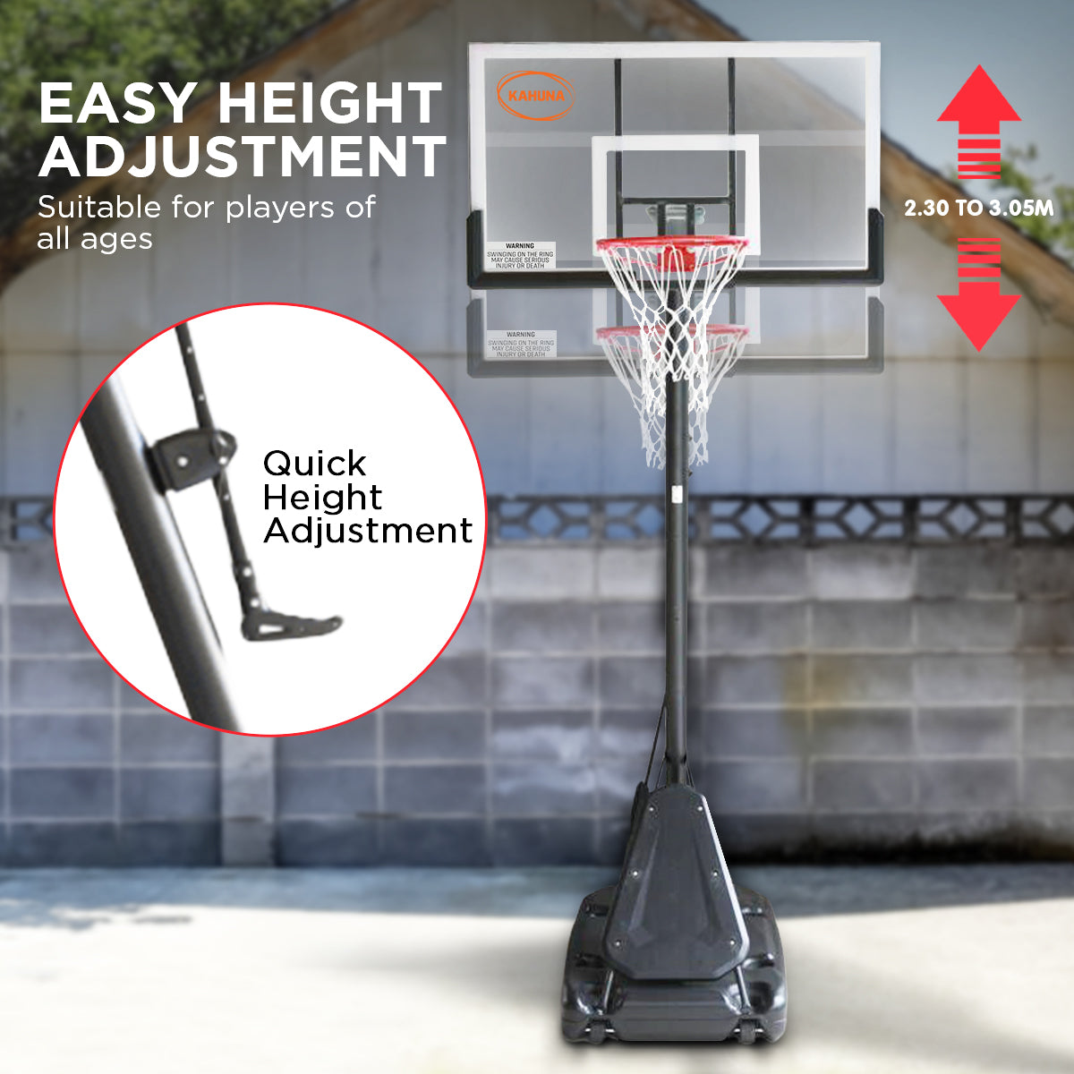 Kahuna Portable Basketball Hoop System 2.3 to 3.05m for Kids & Adults