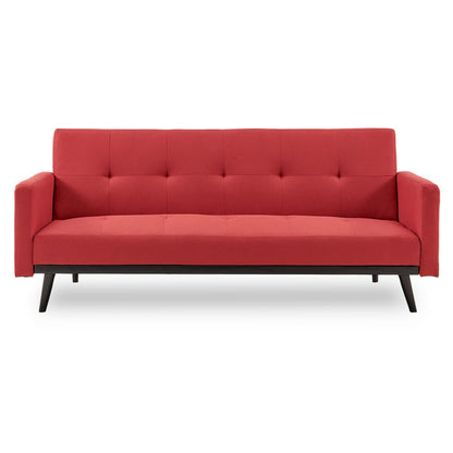 Sarantino Tufted Faux Linen 3-Seater Sofa Bed with Armrests - Red