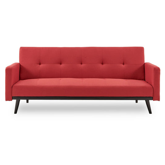 Sarantino Tufted Faux Linen 3-Seater Sofa Bed with Armrests - Red