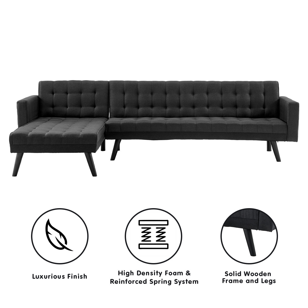 Sarantino 3-Seater Corner Wooden Sofa Bed Lounge Chaise Sofa Black