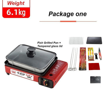 Portable Gas Stove Burner Butane BBQ Camping Gas Cooker With Non Stick Plate Red with Fish Pan and Lid