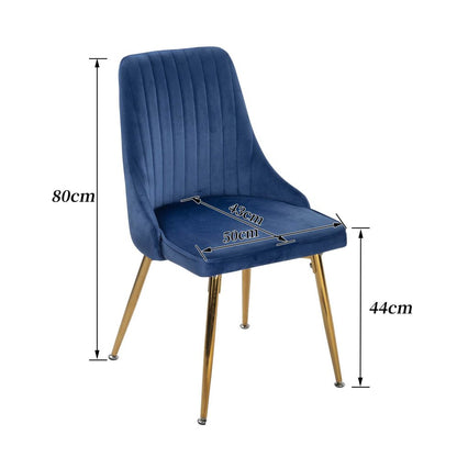 Viva Forever Set of 2 Blue Velvet Dining Chairs – Art Deco Design with Gold Metal Legs