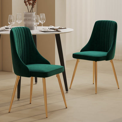 Viva Forever Set of 2 Green Velvet Dining Chairs &#8211; Art Deco Design with Gold Metal Legs