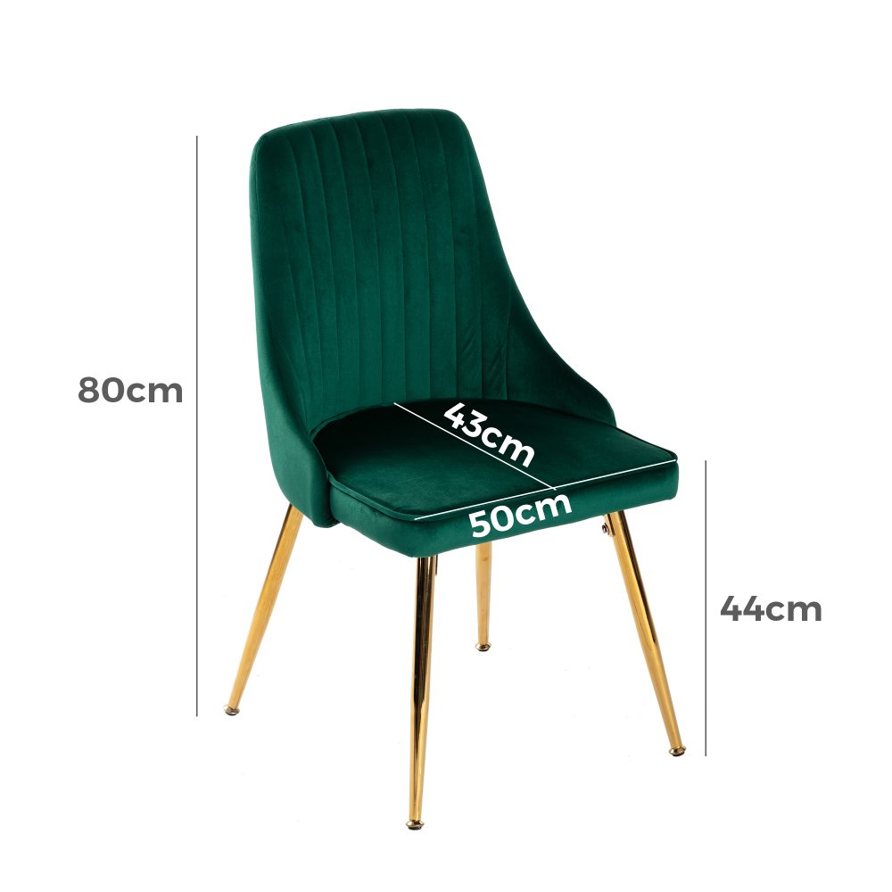 Viva Forever Set of 2 Green Velvet Dining Chairs &#8211; Art Deco Design with Gold Metal Legs