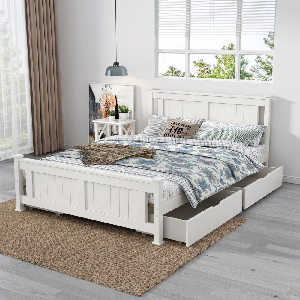 2 x Wooden Bed Frame Storage Trundle Drawers-White