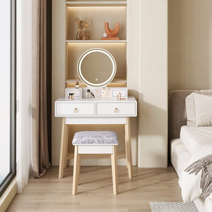 Dressing Vanity Table Stool Set with Make-up LED Lighted Mirror &#8211; White