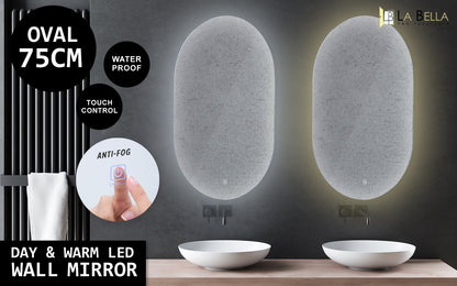 2 Set La Bella LED Wall Mirror Oval Touch Anti-Fog Makeup Decor Bathroom Vanity 50x75cm