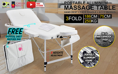 Forever Beauty White Portable Beauty Massage Table Bed Therapy Waxing 3 Fold 75cm Aluminium