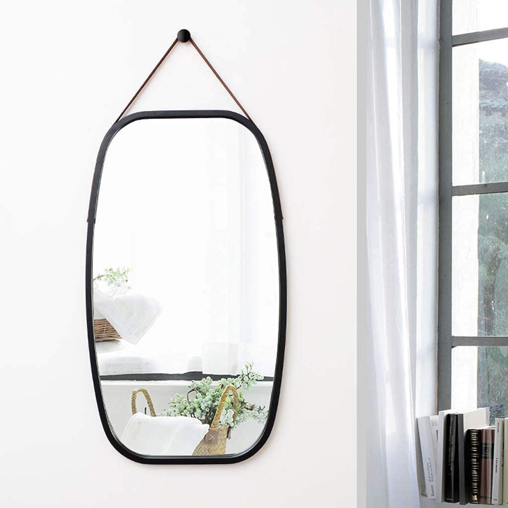 Black Bathroom Wall Mount Hanging Bamboo Frame Mirror Adjustable Strap Wall Mirror Home Decor