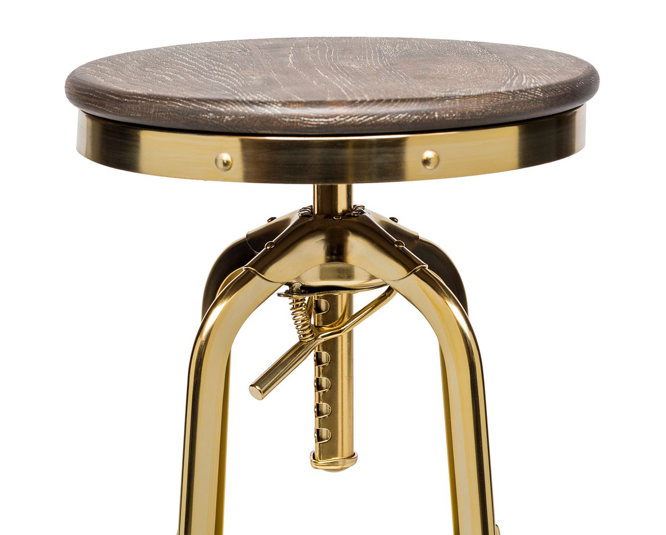 Industrial Height Adjustable Swivel Bar Stool with Oak Wood Top - Gold Finish