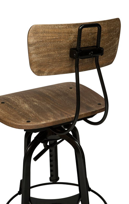 Industrial Wooden Height Adjustable Swivel Bar Stool Chair with Back - Black Rustic