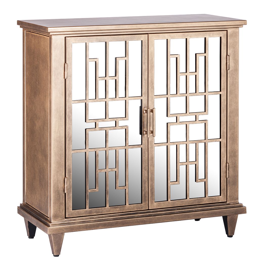 Sideboard Buffet Cabinet Storage with Mirrored Glass Doors in French Brass Finish