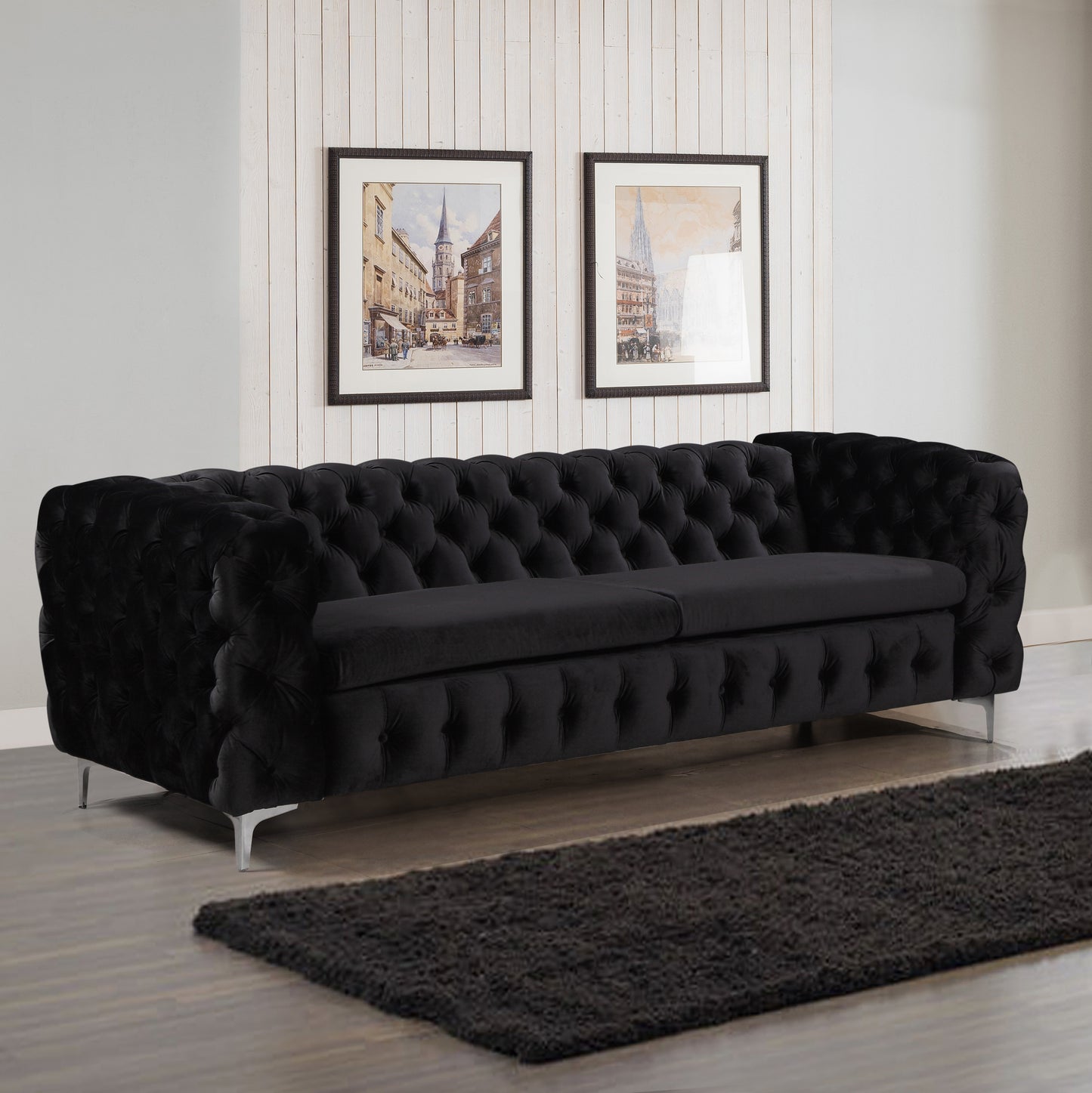 3 Seater Sofa Classic Button Tufted Lounge in Black Velvet Fabric with Metal Legs