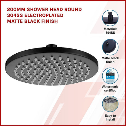 200mm Shower Head Round 304SS Electroplated Matte Black Finish