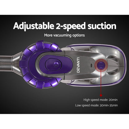 Devanti 150W Stick Handstick Handheld Cordless Vacuum Cleaner 2-Speed with Headlight Purple