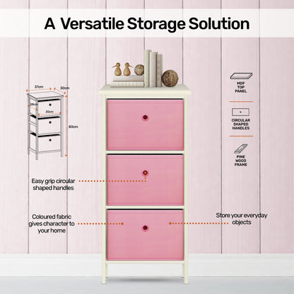 Home Master 3 Drawer Pine Wood Storage Chest Pink Fabric Baskets 70 x 80cm