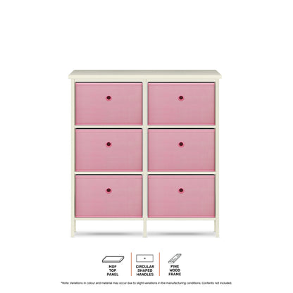 Home Master 6 Drawer Pine Wood Storage Chest Pink Fabric Baskets 70 x 80cm