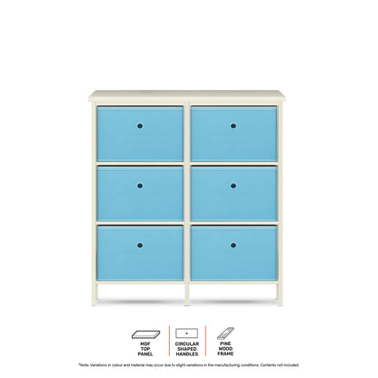 Home Master 6 Drawer Pine Wood Storage Chest Sky Blue Fabric Baskets 70 x 80cm